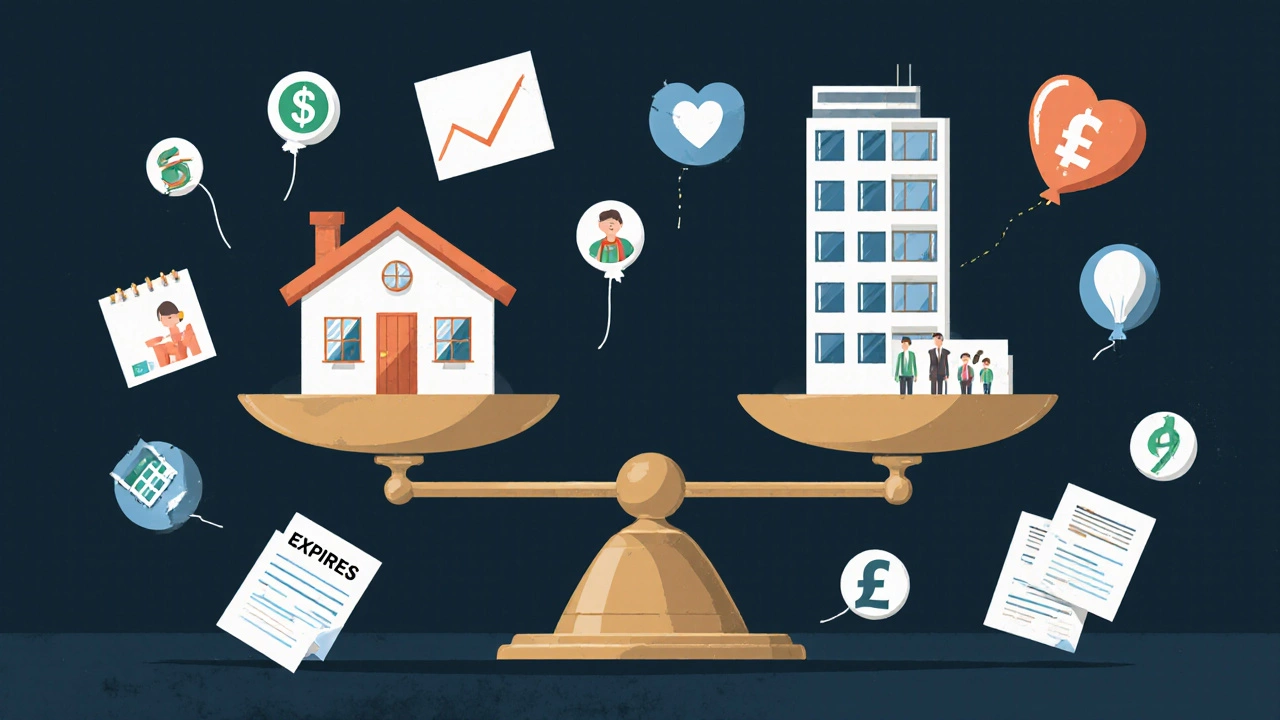 A scale balancing a family home against a commercial tower, with financial symbols illustrating risk differences.