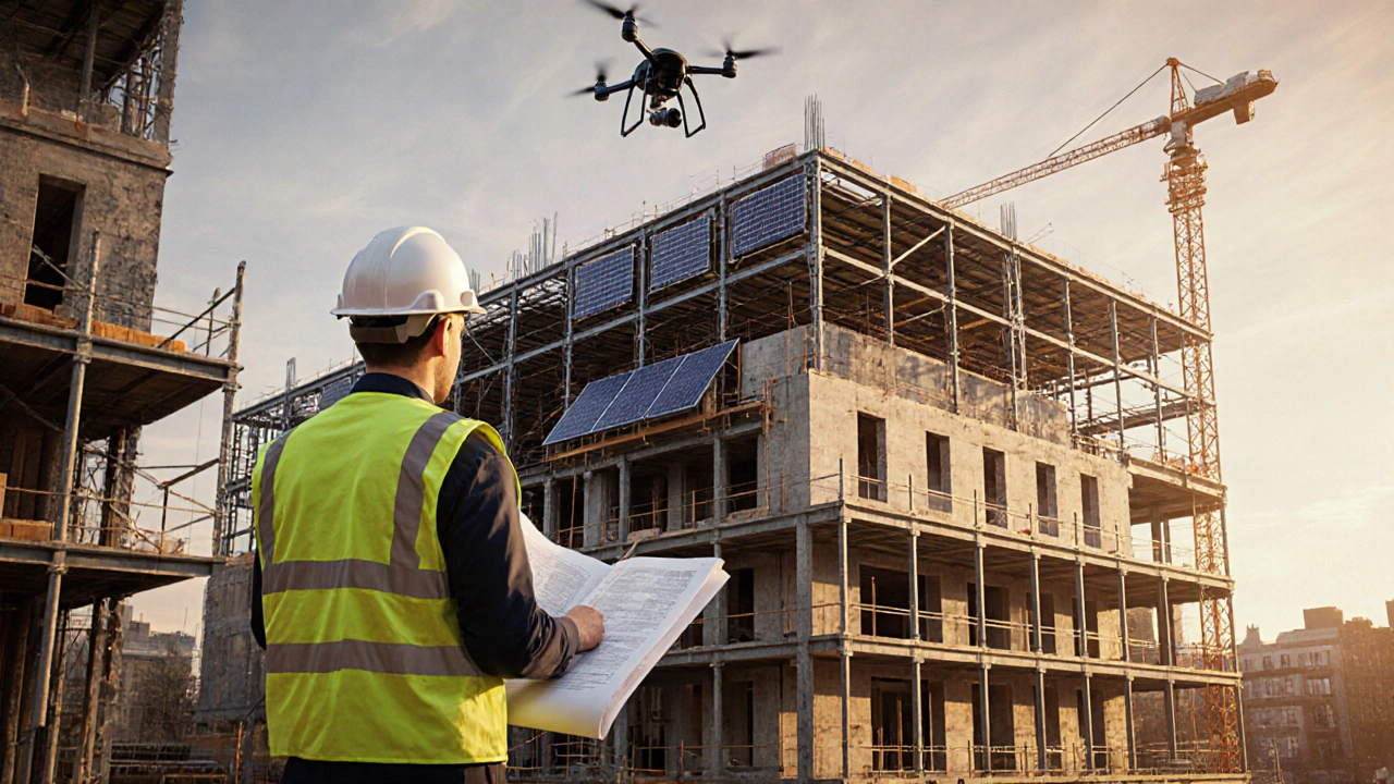 Architect inspecting construction documents on a busy Manchester building site.