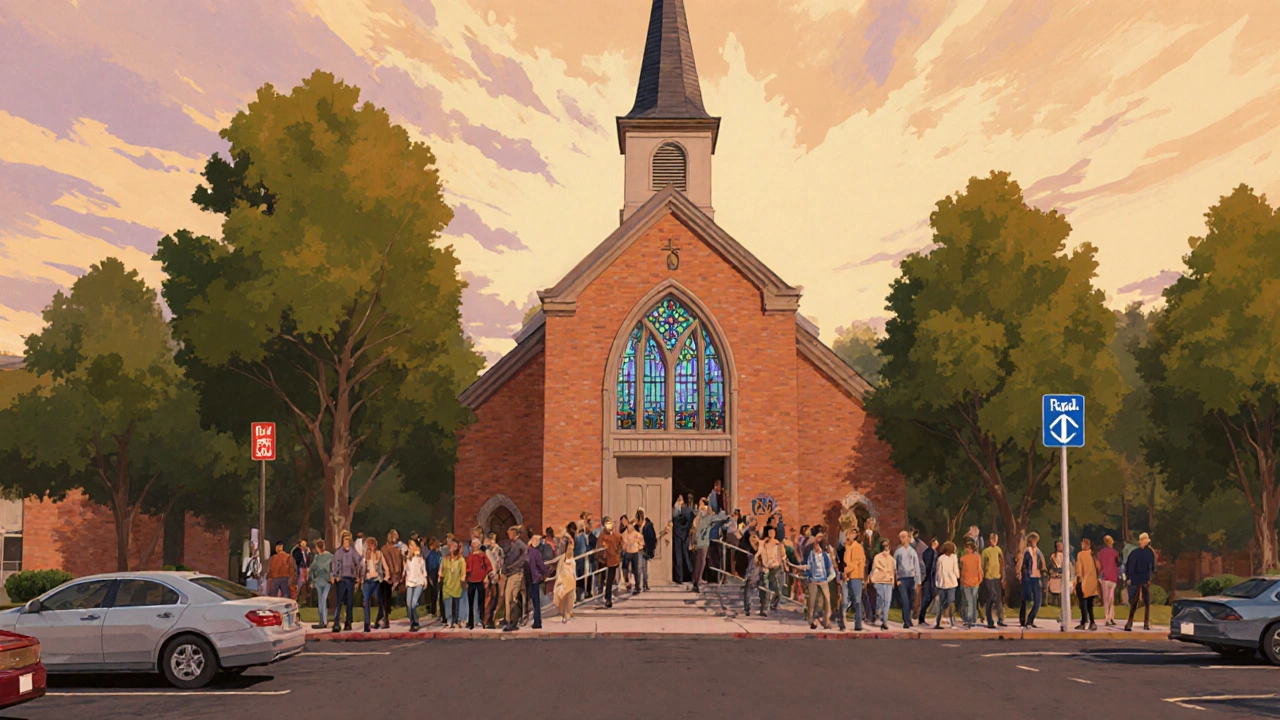 Church with large congregation exiting, featuring accessibility ramps and safety signage.