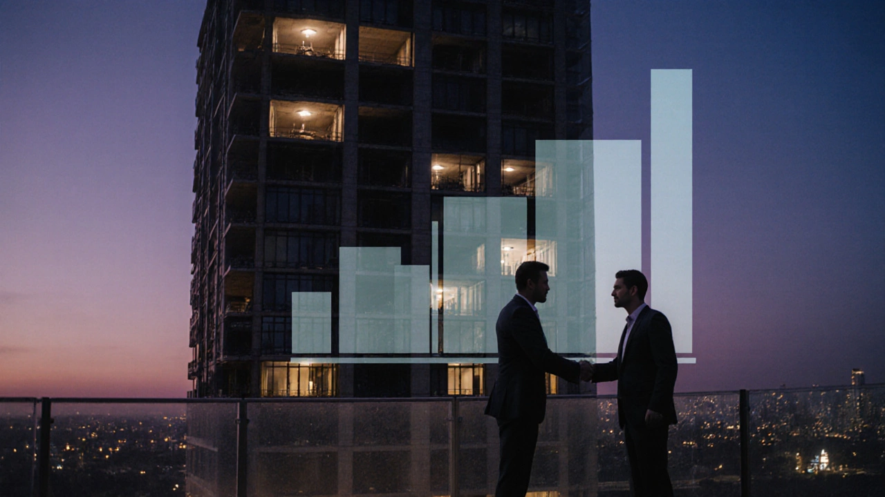 Completed office tower at dusk with manager and owner shaking hands, showing project success.