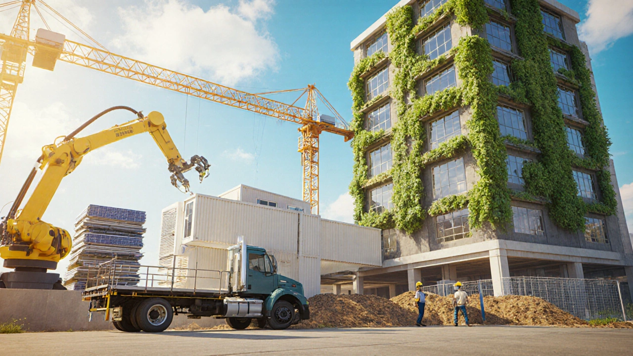Concept art of a modular factory, green retrofitted building, and solar‑powered construction project.