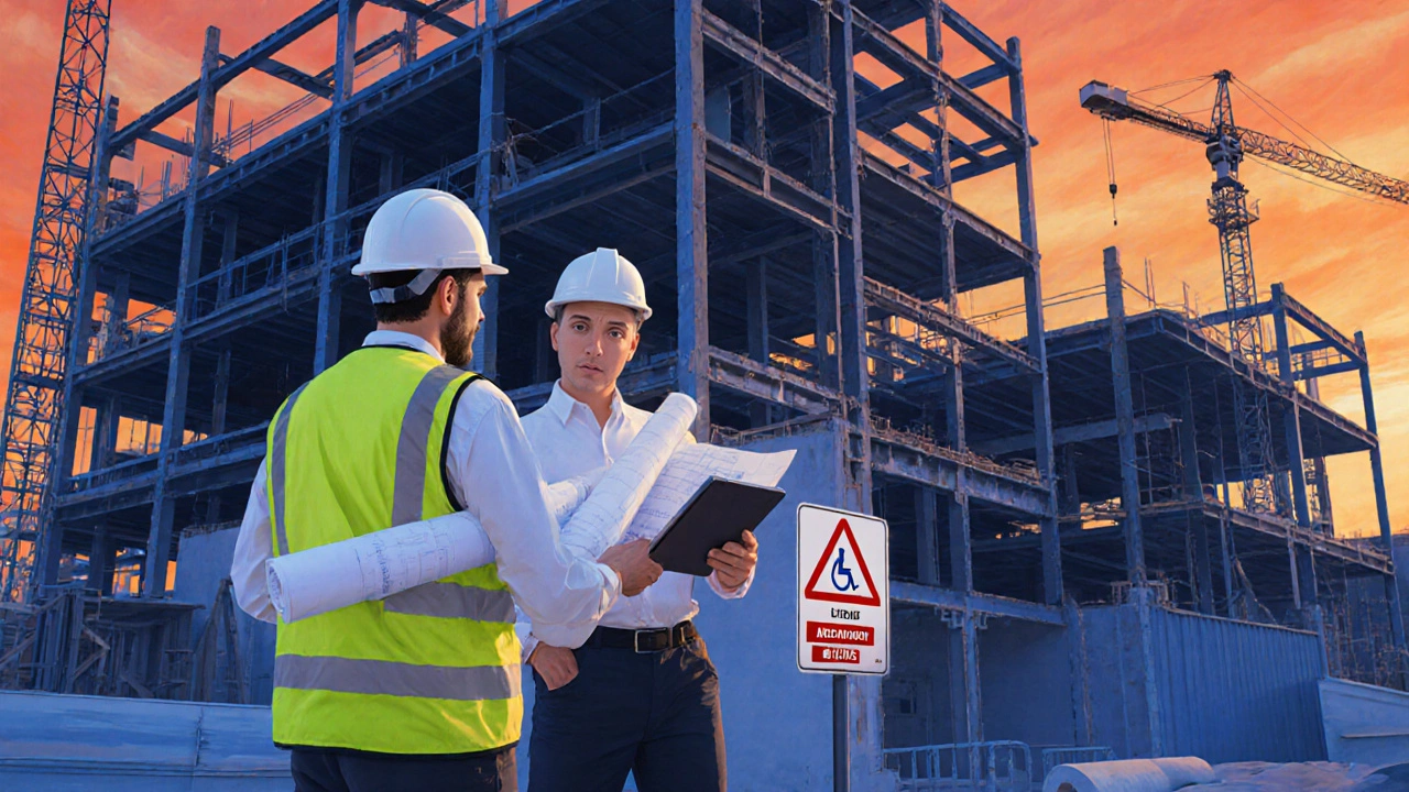 Construction site at dusk with foreman reviewing plans beside a half‑built commercial building.