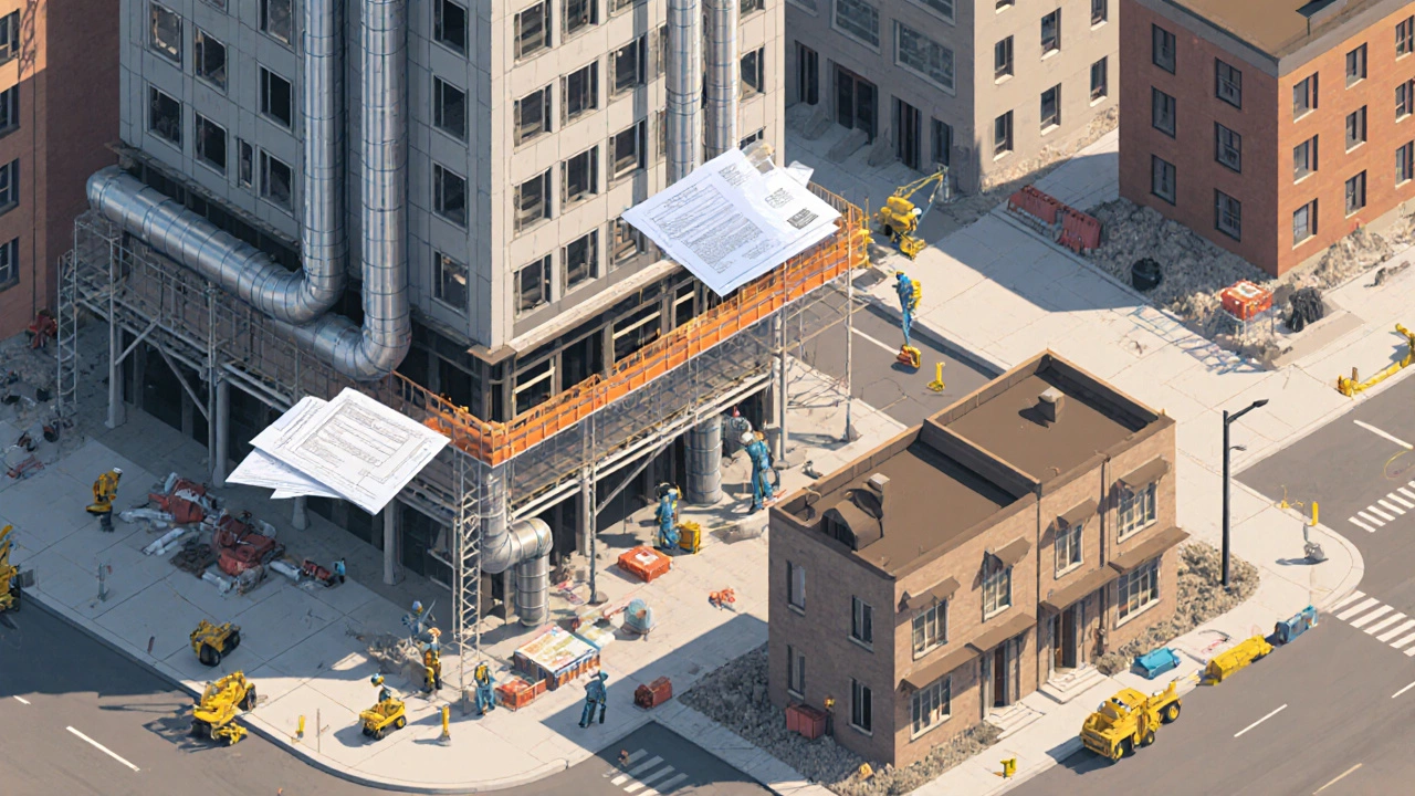 Construction site with a rising office tower and a nearby residential house, cranes and blueprints.
