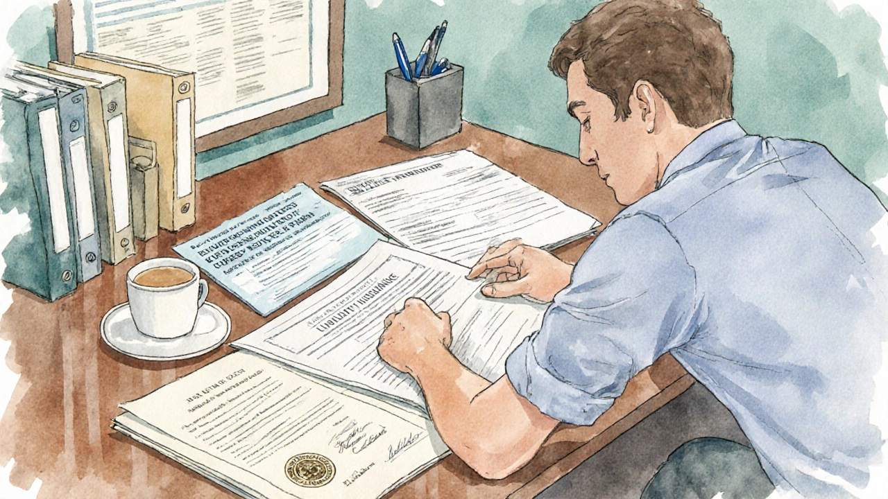 Contractor reviewing licensing, insurance and contract documents at a desk.