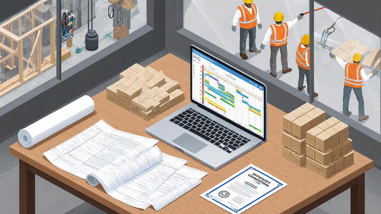 Contractor’s coordination hub with blueprints, schedule board, material pallets, and insurance documents.