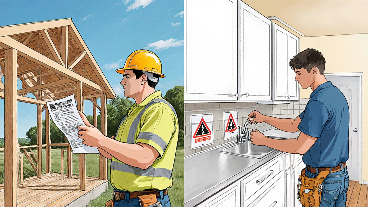Contrasting scene: licensed contractor with inspector at a deck frame versus handyman fixing a faucet.