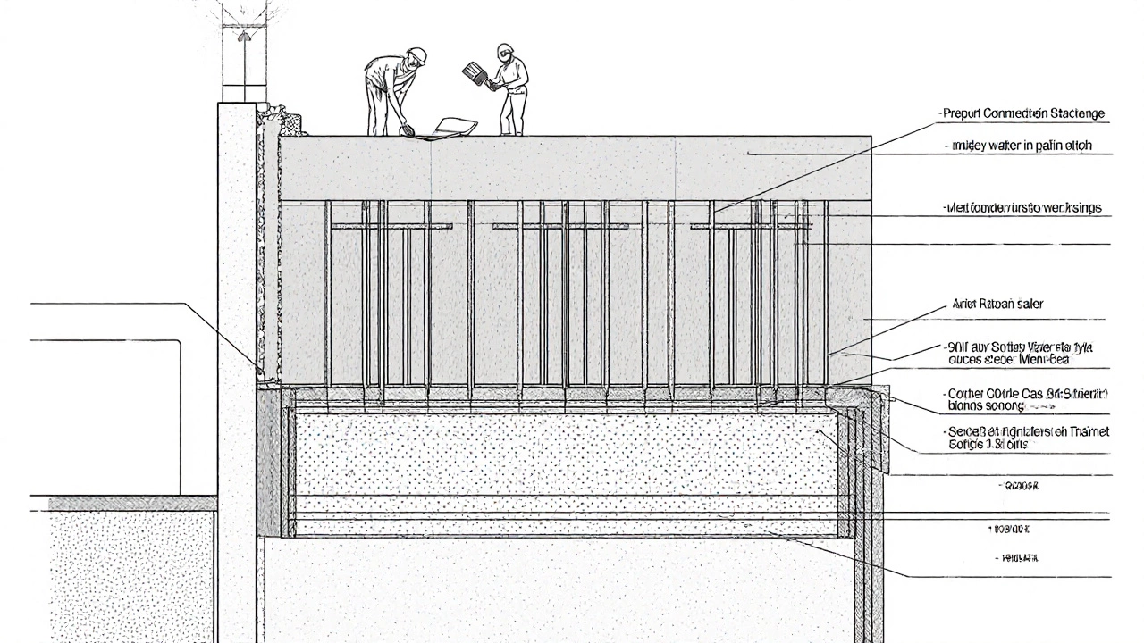Cross‑section view of a reinforced concrete wall with epoxy‑coated rebar, waterproofing membrane, and construction crew.