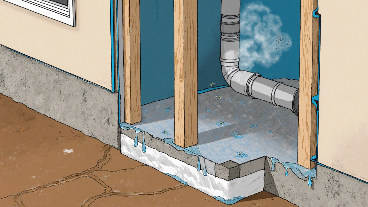 Cutaway view of a new home wall showing slab, vapor barrier, insulation, and moisture sources.