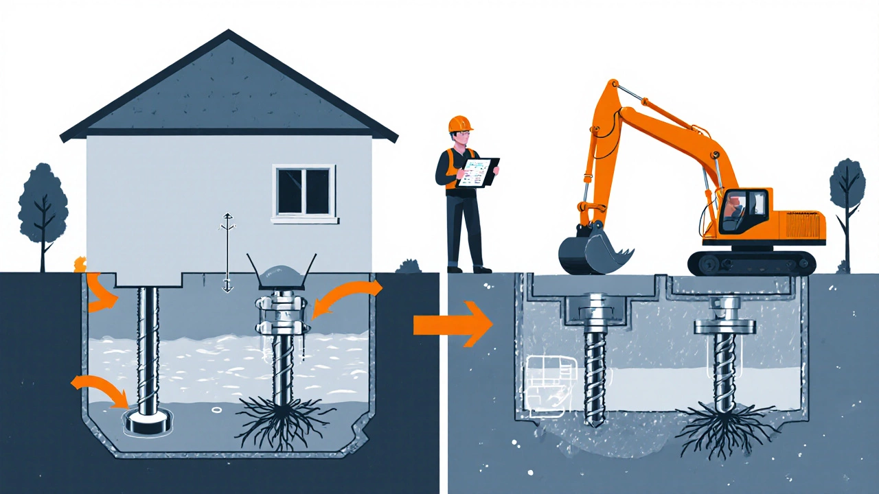 Diagram comparing a damaged foundation with a repaired one using helical piers.