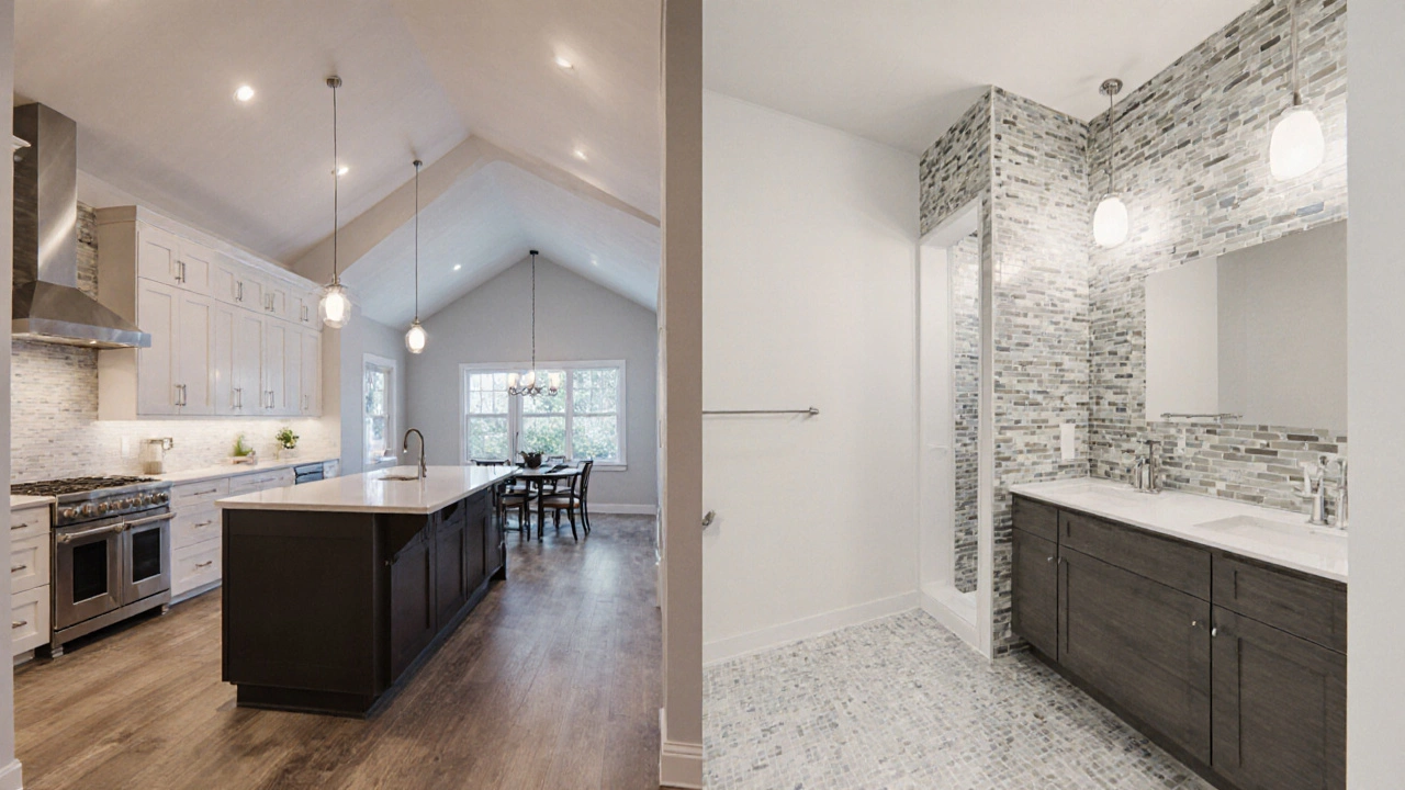 Finished home interior comparing an expanded kitchen and a renovated bathroom.
