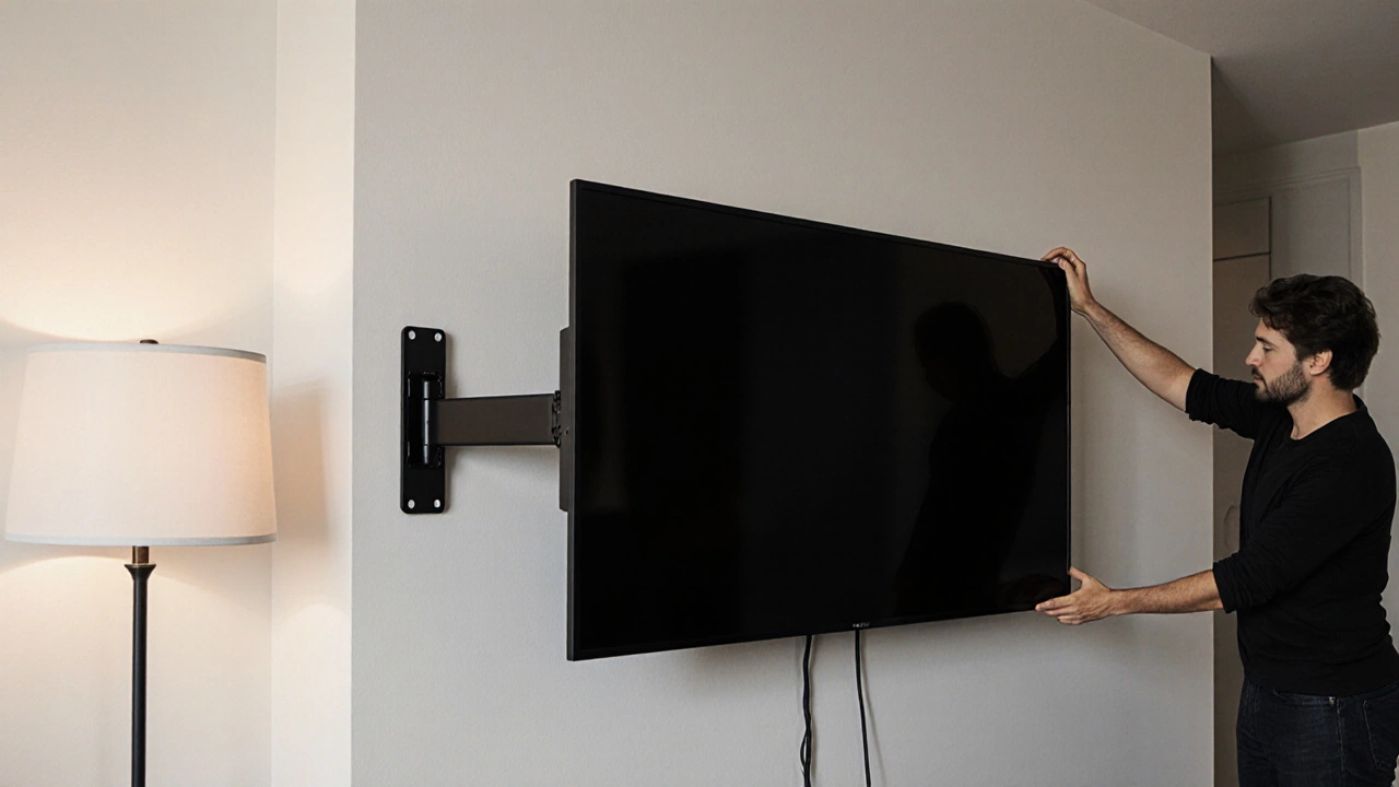 Finished living room with a wall‑mounted TV on a tilting bracket and hidden in‑wall cables.