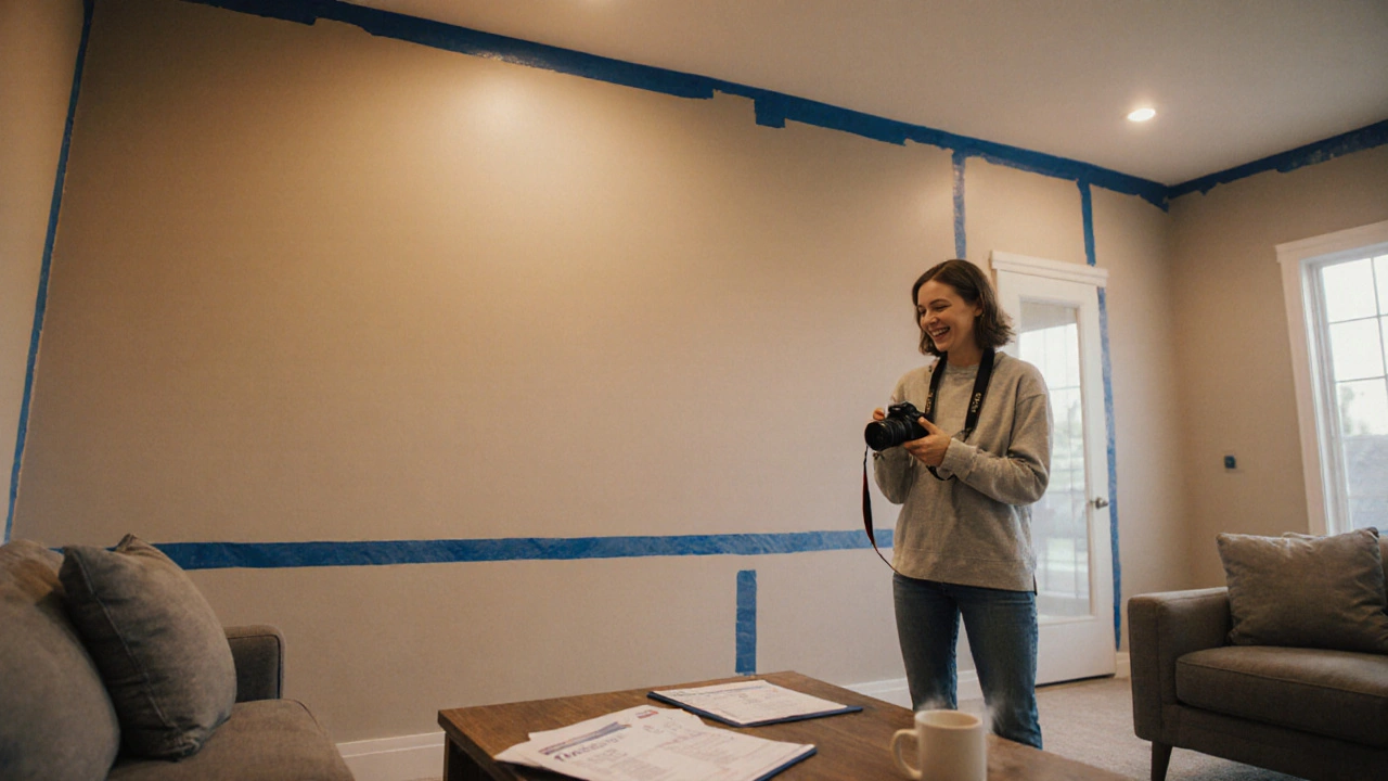 Finished painted living room with homeowner documenting the work beside warranty papers.
