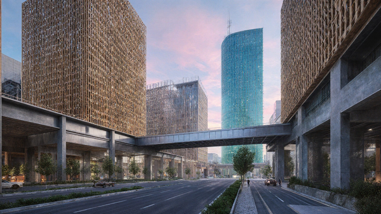 Futuristic city with timber towers, glass curtain walls, recycled steel bridge, and low‑carbon concrete.