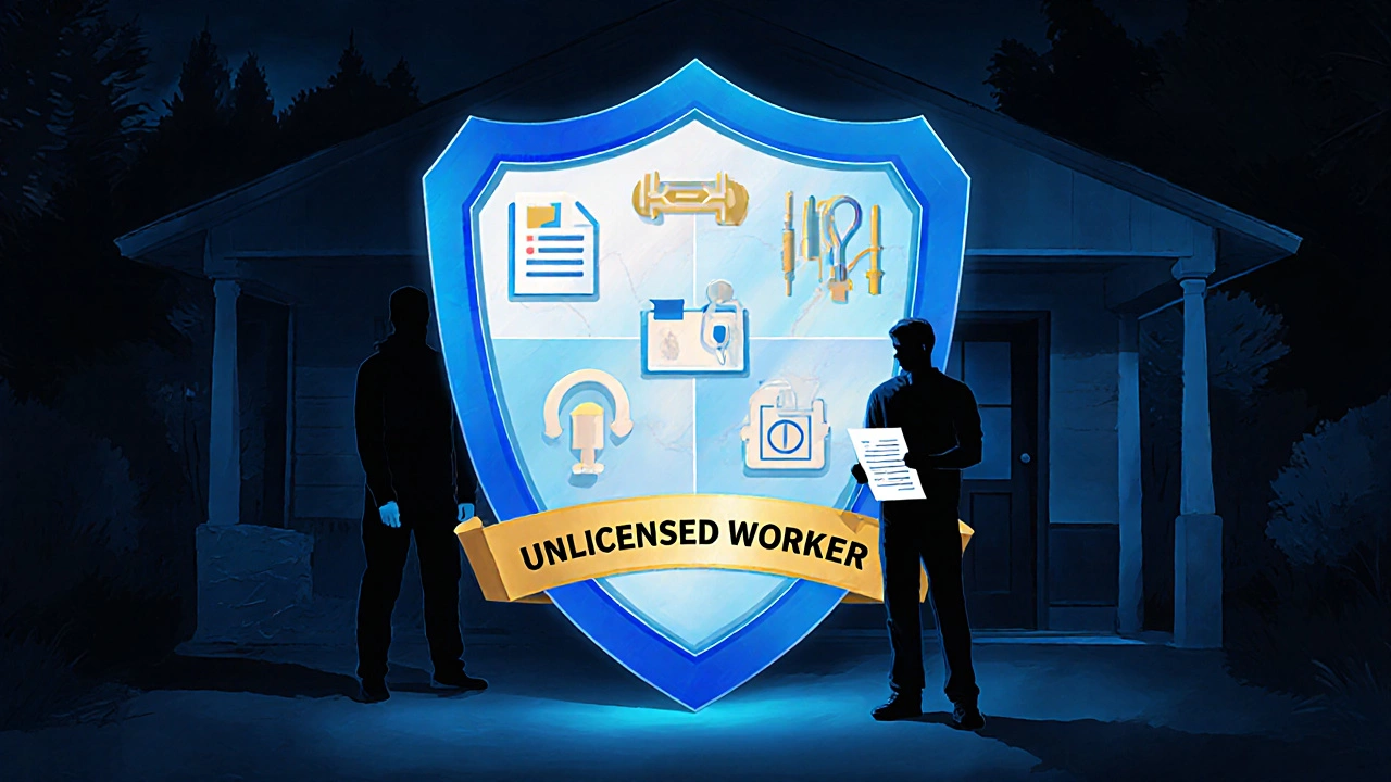 Glowing license shield with construction icons, protecting a homeowner from a fading unlicensed worker.