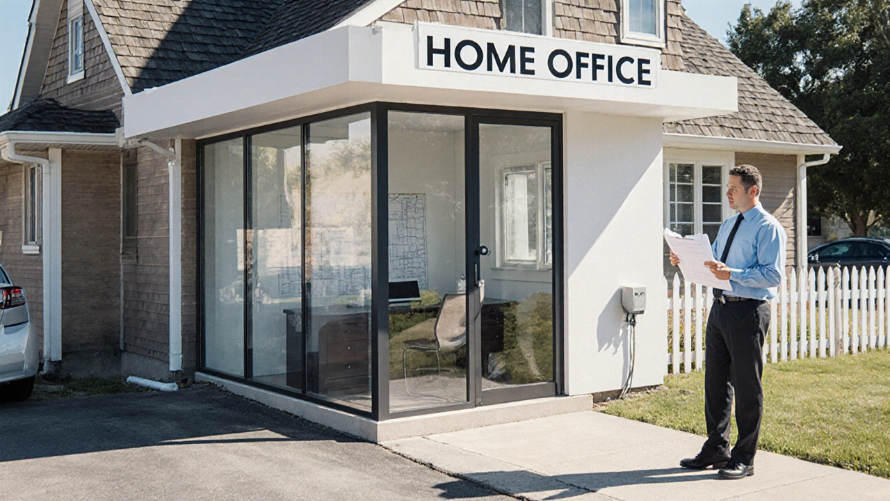 Home office addition with professional sign, next to a traditional house, inspected by city official.