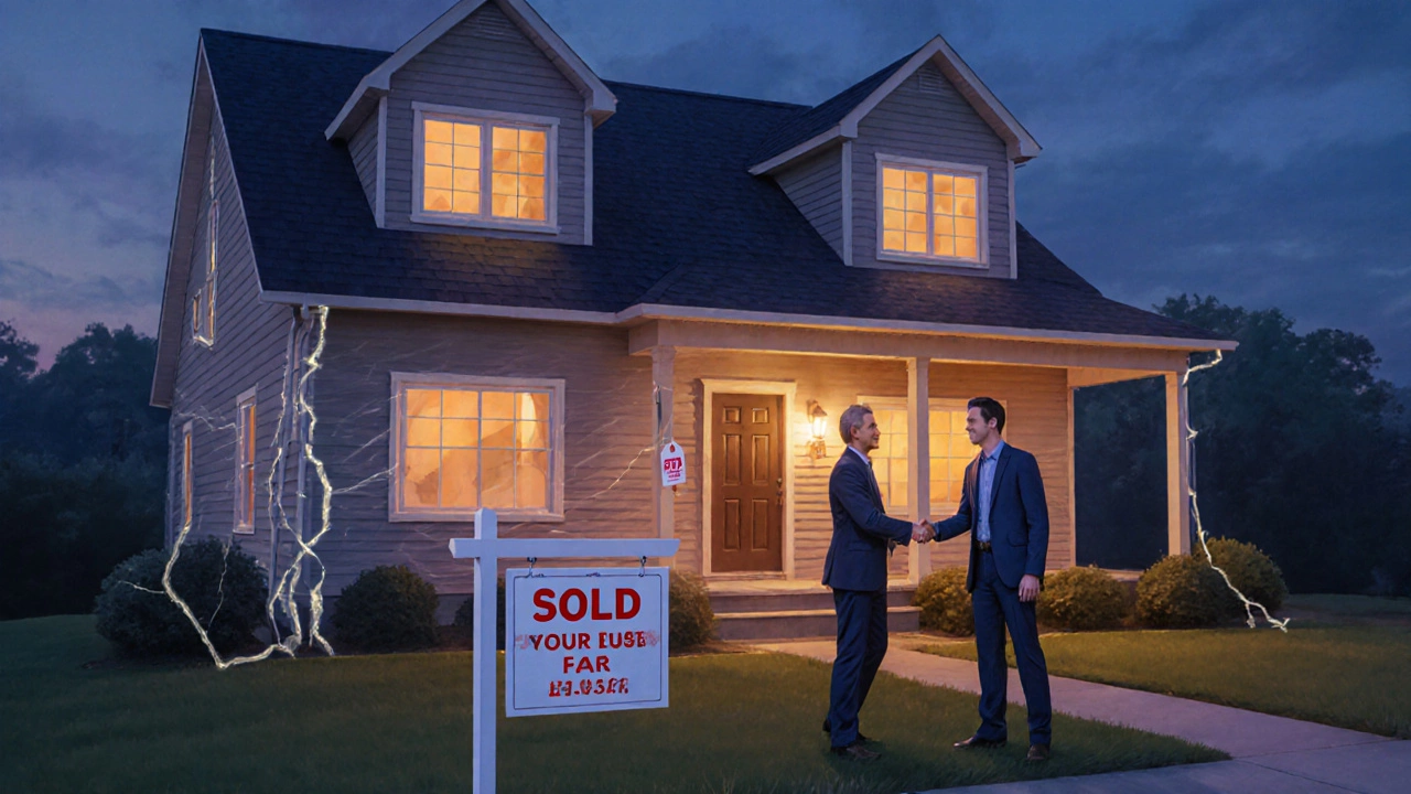 Homeowner and agent celebrate a sold house after foundation repairs at dusk.