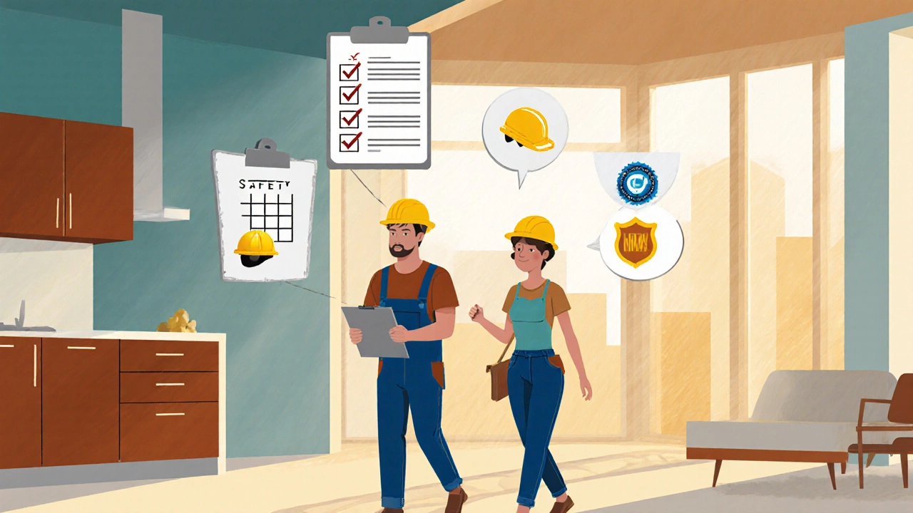 Homeowner and contractor inspecting a nearly finished home with a checklist.