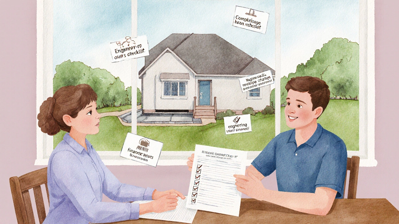 Homeowner and contractor review a repair checklist while a leveled house is visible outside.