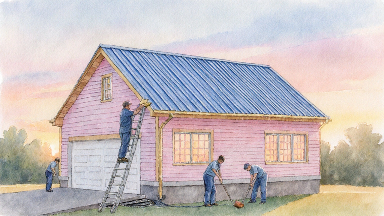 Homeowner cleaning gutters and inspecting a metal roof in morning light.