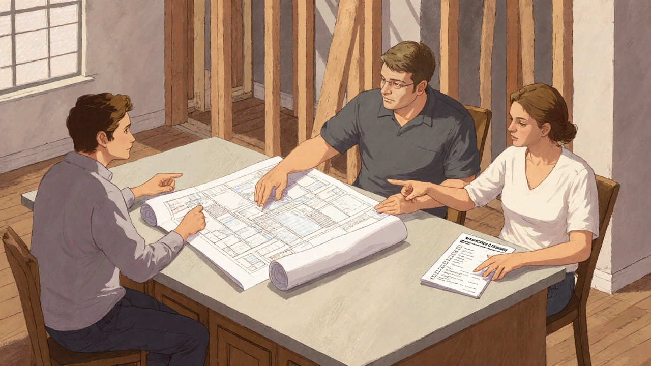 Homeowner discussing remodel plans with an architect and contractor amid partial demolition.