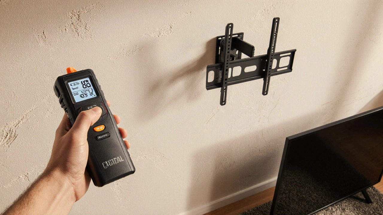 Homeowner using a stud finder on drywall, with a tilting TV mount and TV on the floor.