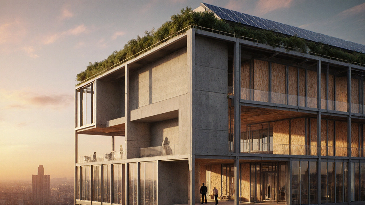 Hybrid high-rise combining steel frame, concrete core, timber interiors and green roof at sunset.