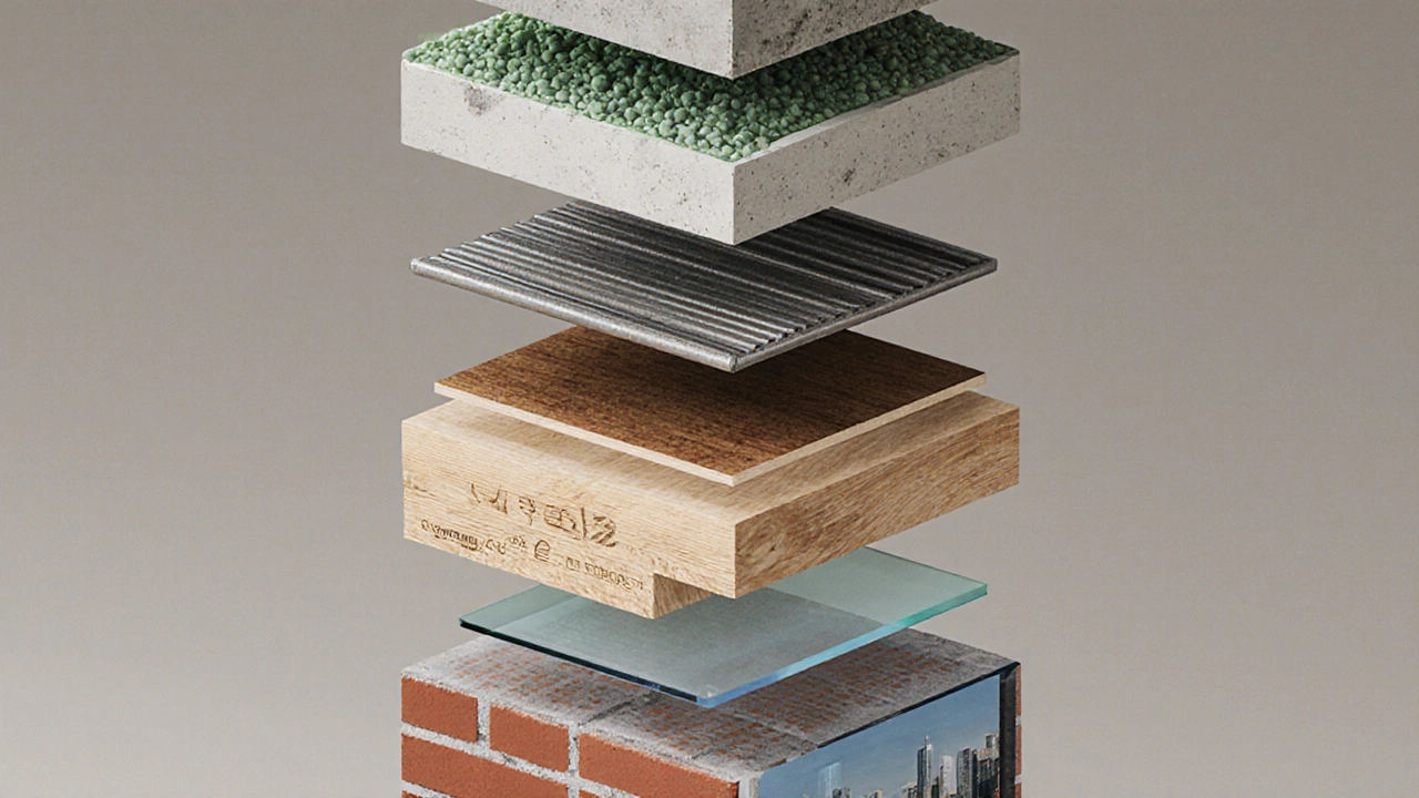 Illustrated cutaway of concrete mix, steel rebar, CLT panel, brick, and double‑glazed glass.