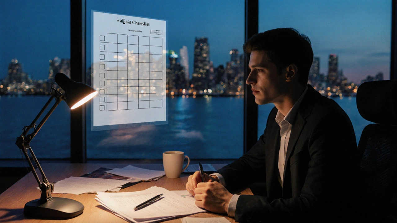 Investor reviewing documents in a Halifax loft with city lights visible through the window.