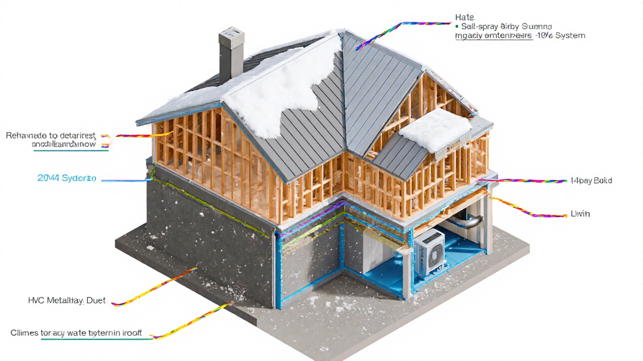 Isometric cutaway of a house revealing foundation, frame, roof, HVAC with color‑coded lifespan layers.