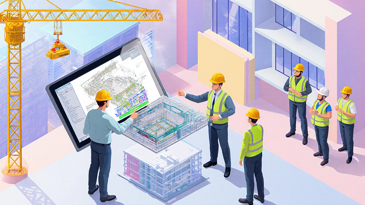 Isometric scene of architects, engineers, and foremen collaborating with a BIM model on a construction site.