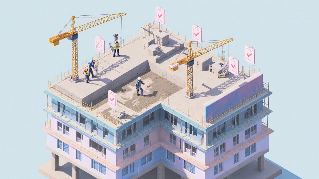 Isometric view of a building under construction split into colored phases with milestone icons.