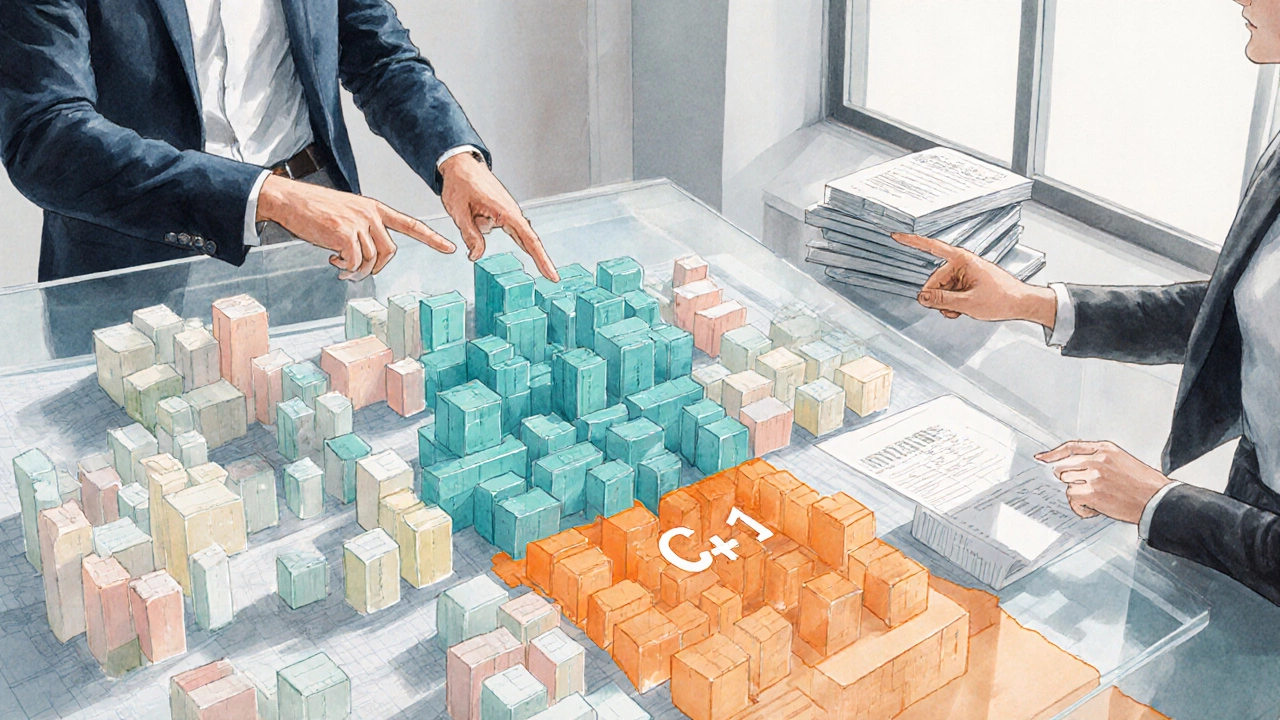 Planning studio with a 3‑D city model overlayed by orange commercial zoning zones.