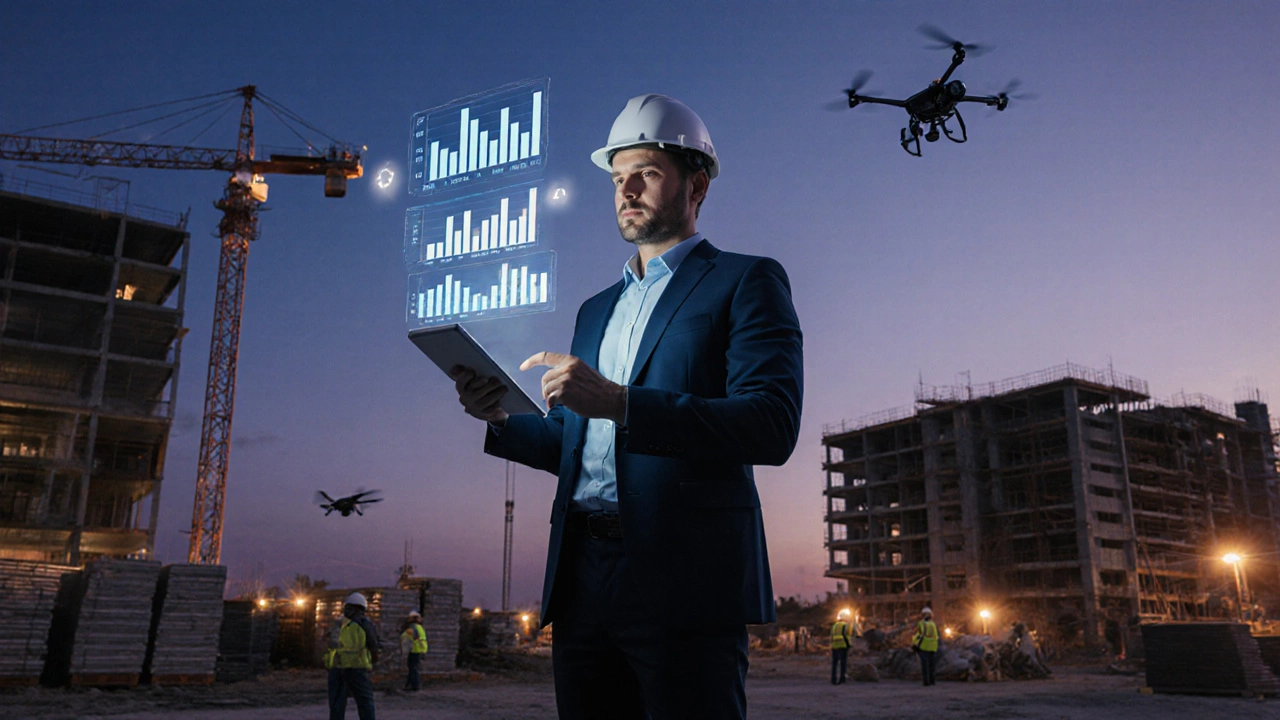Project manager with tablet reviewing data on a modern construction site at dusk.