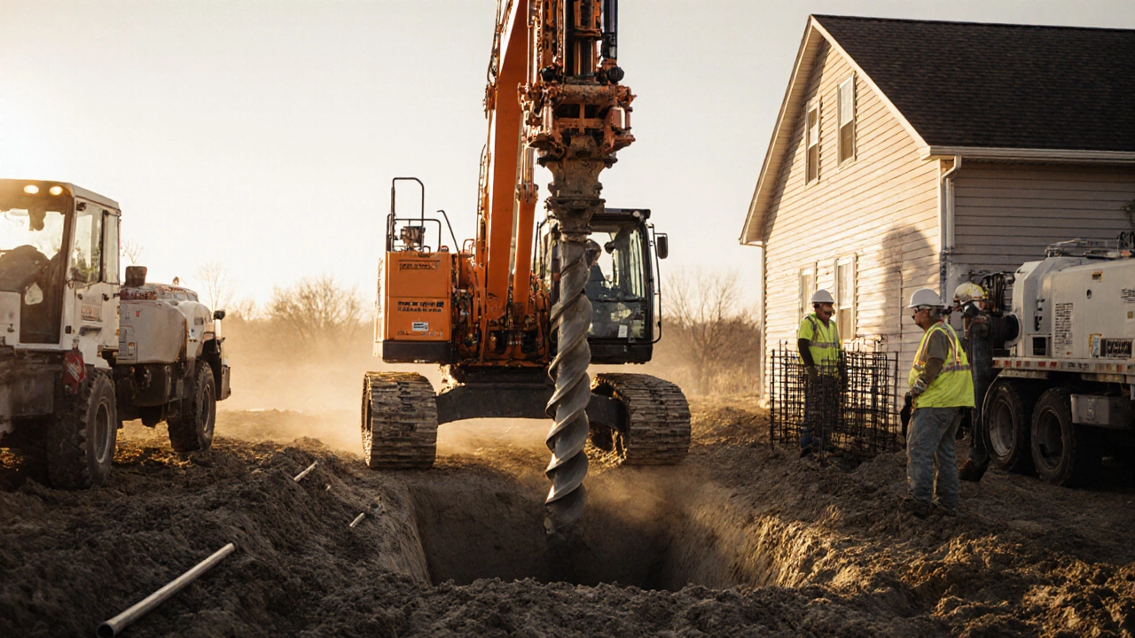 Rotary drilling rig creating deep underpinning shafts beside a house, workers operating equipment.