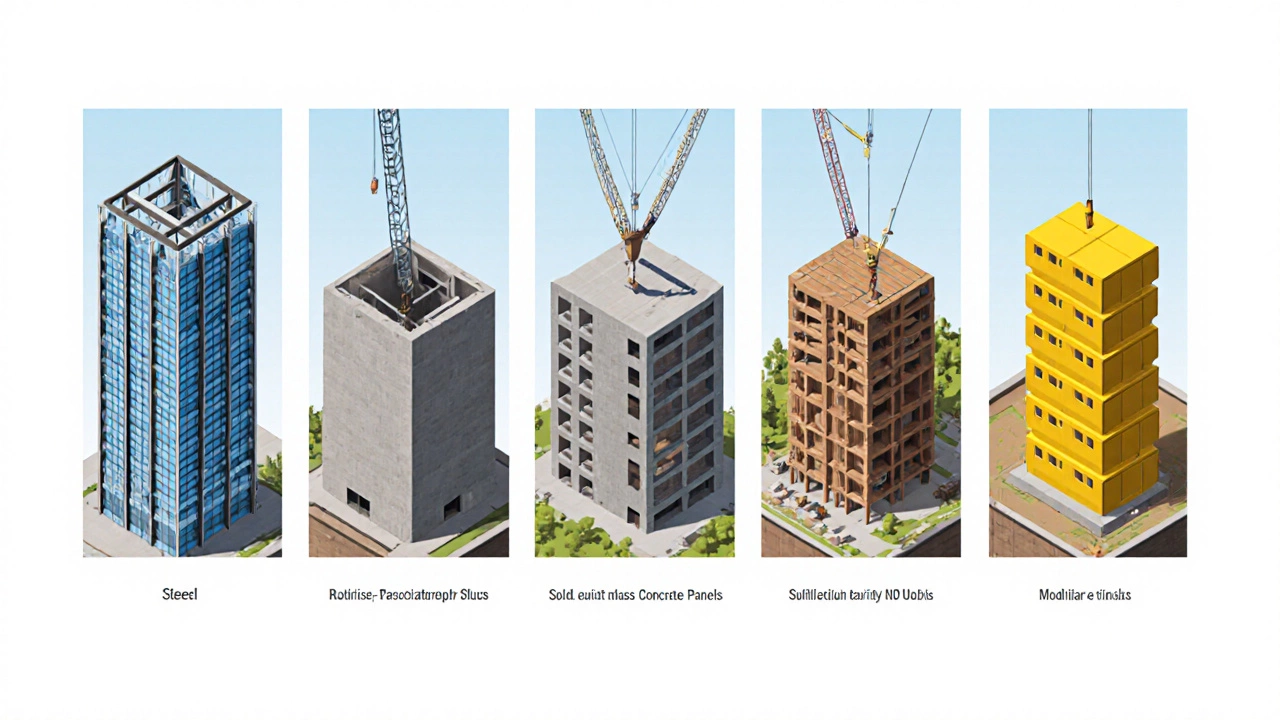 Side-by-side visual comparison of steel, concrete, precast, timber, and modular constructions.