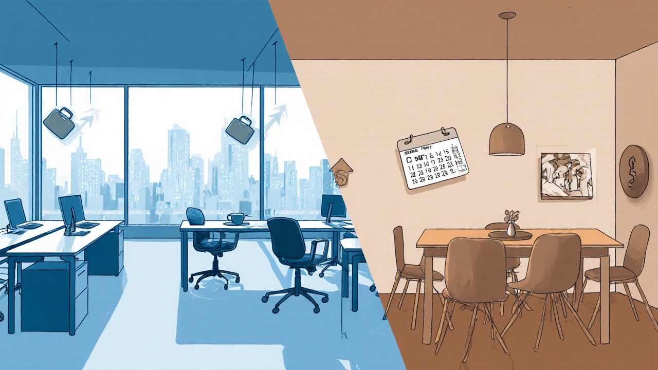 Split illustration showing a modern office interior versus a cozy home kitchen with symbolic icons.