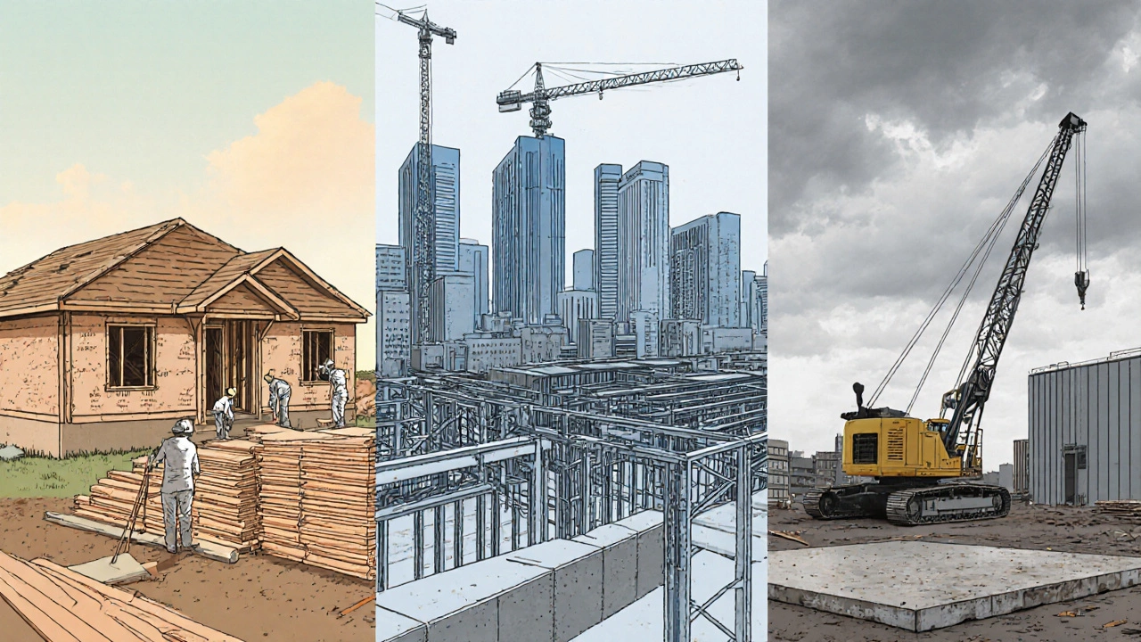 Three panels showing residential, commercial, and industrial construction scenes.