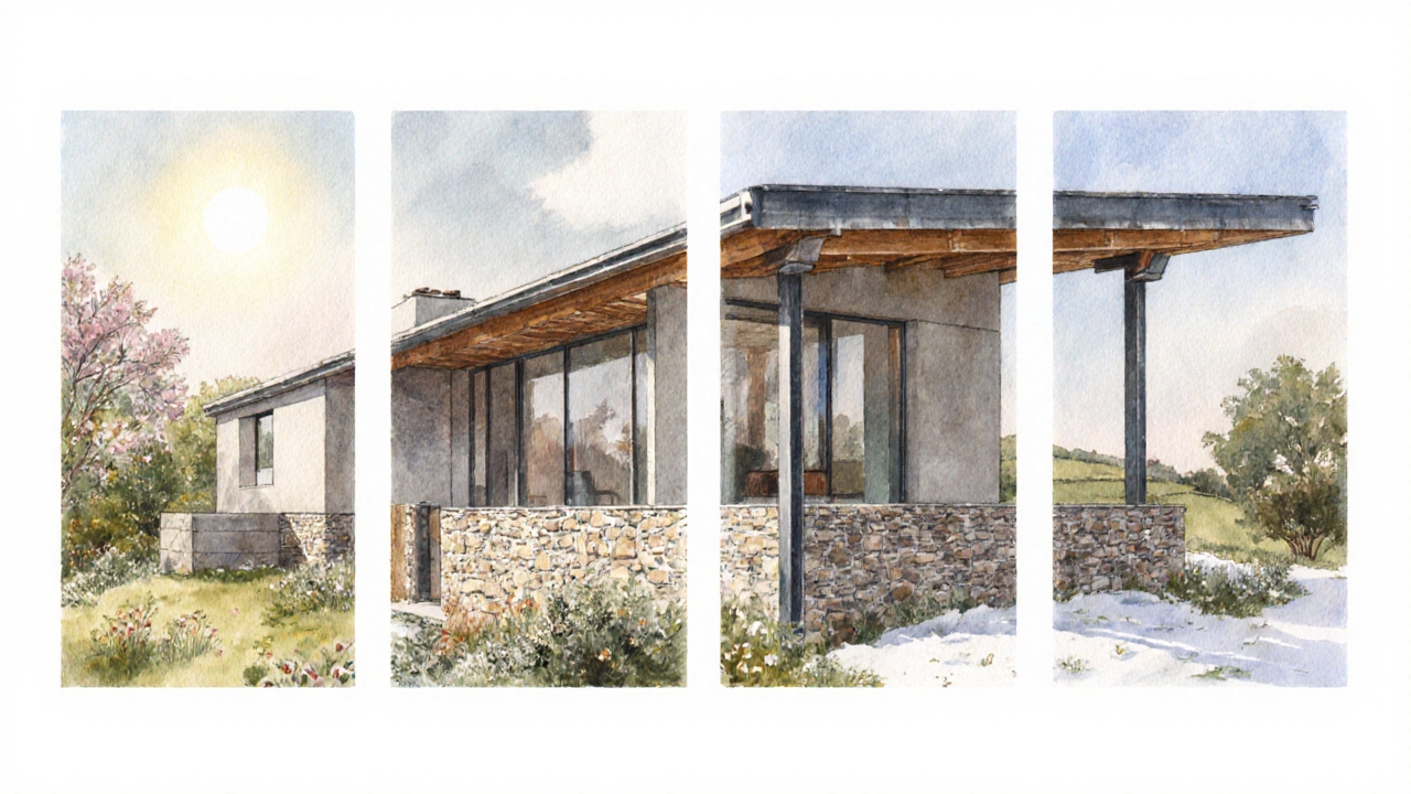 Watercolor of a hybrid home with stone, concrete, steel, and glulam beams across four seasonal scenes.
