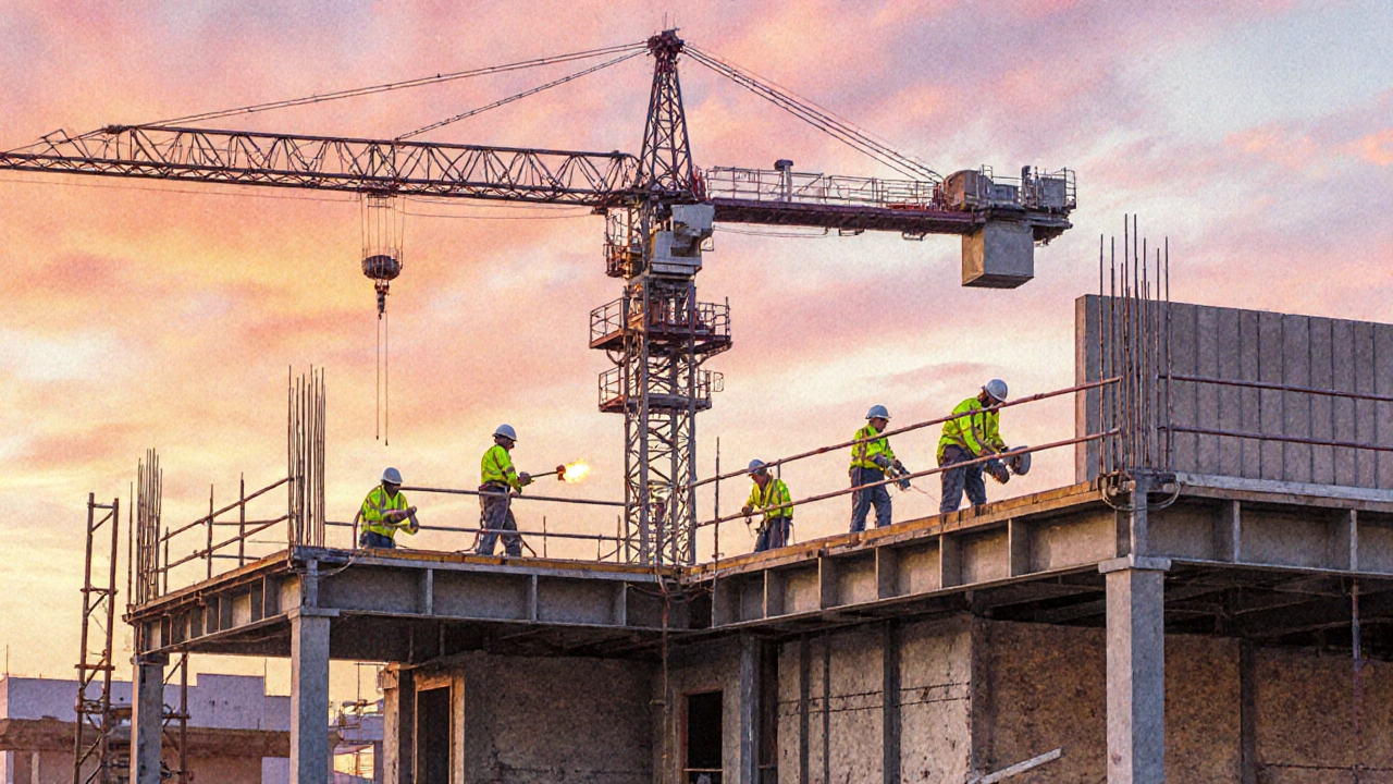 Watercolor of an Austin office site with crane, HVAC, steel, and drywall crews.