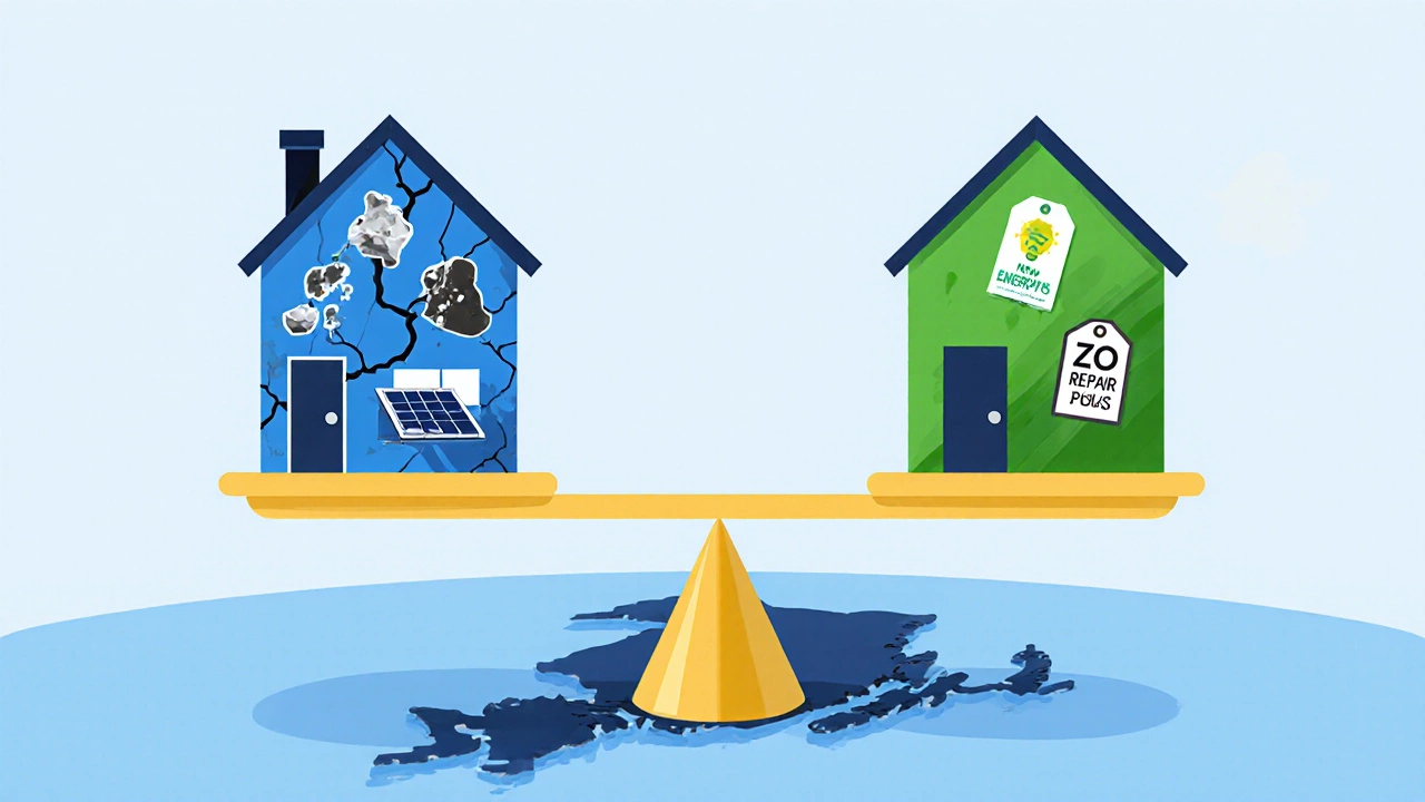 Balance scale comparing old home repair costs against new home energy savings and modern features.
