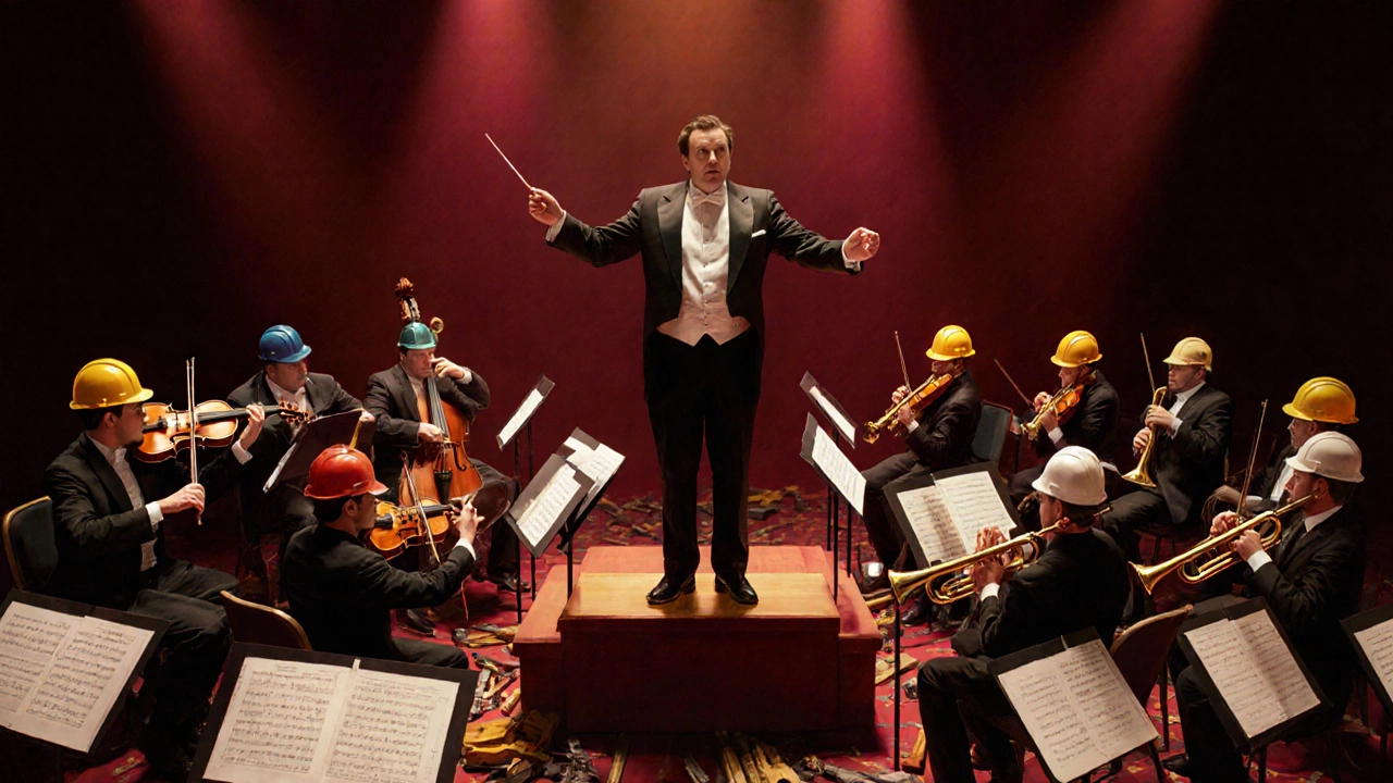 Conductor orchestrating an orchestra of construction trades, tools as instruments, blueprints as sheet music.