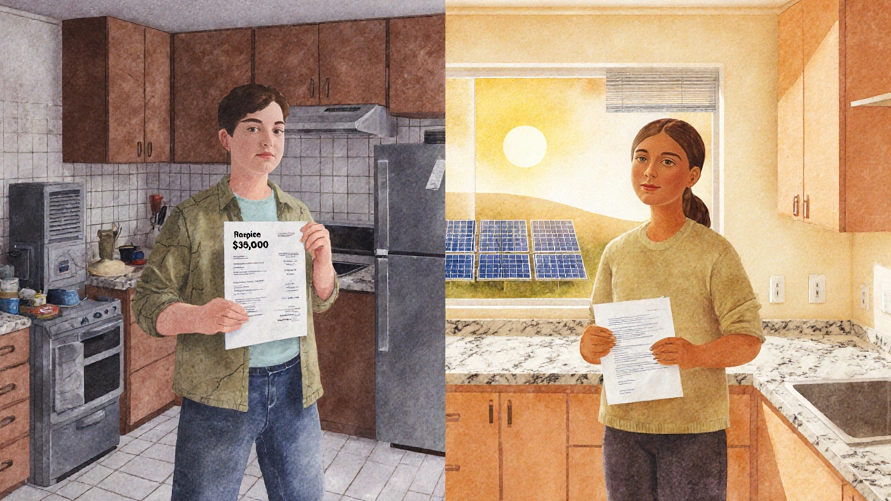 Contrasting scenes of a homeowner facing costly repairs versus one enjoying a new, efficient kitchen.