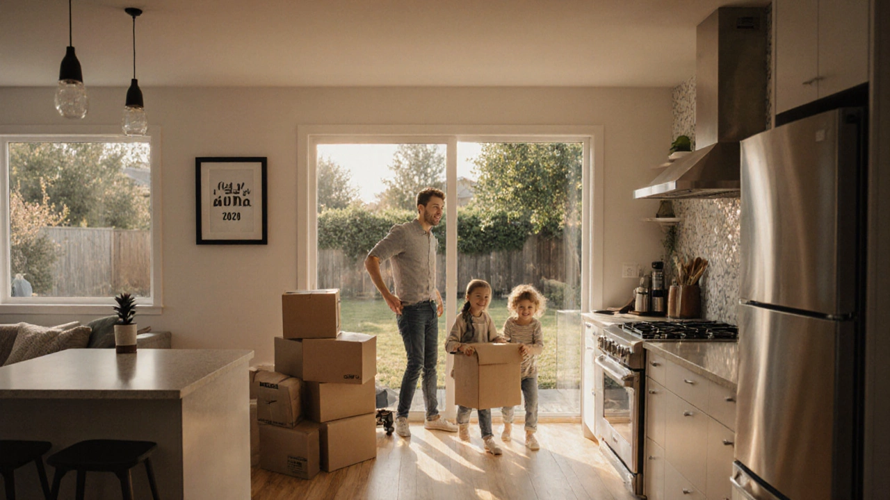 Cozy modern home interior with natural light, family unpacking, and mature backyard visible through windows.