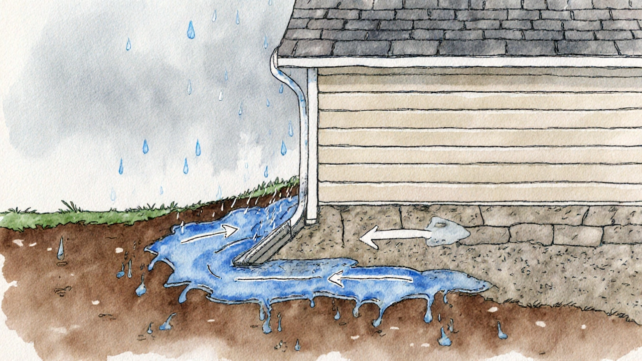 Diagram showing water pooling around a house foundation due to poor drainage and clogged gutters.