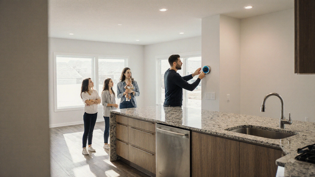 Family in a modern kitchen with smart thermostat being installed by a technician.