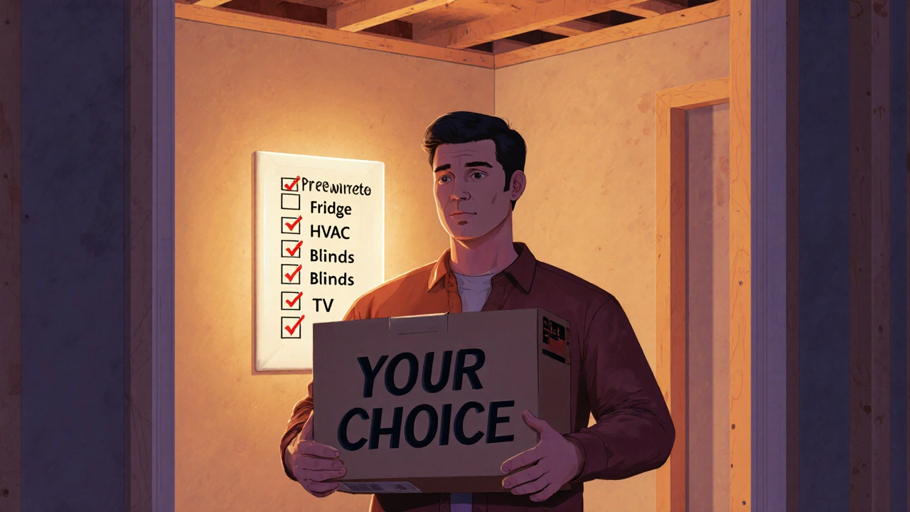 Homeowner holding TV box next to pre-wired wall in new home, checklist showing TV excluded.