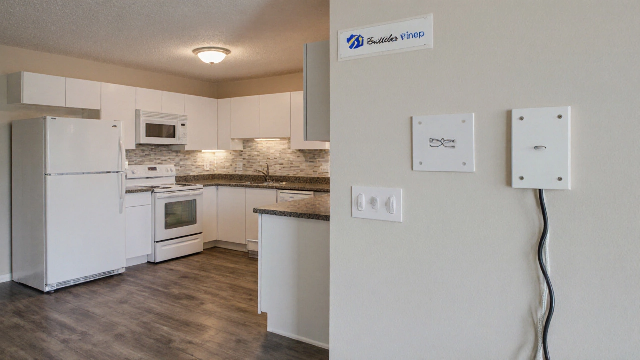 Kitchen with standard appliances in new build, TV-free wall visible nearby.