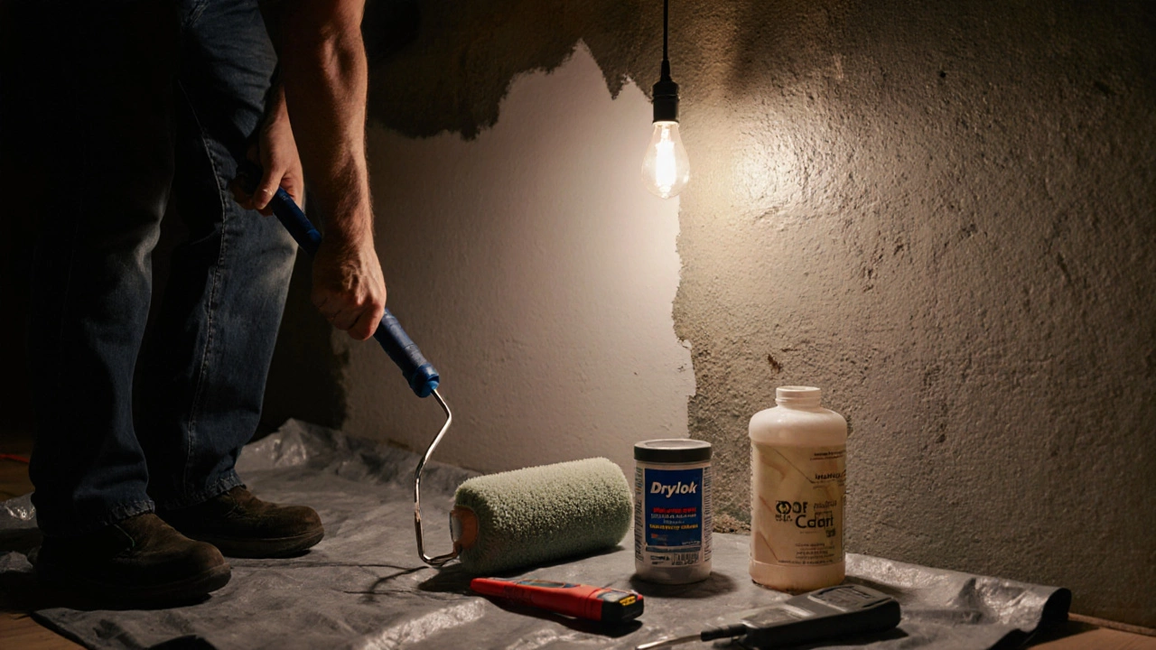 Person applying waterproof sealant to a basement wall with repair tools on the floor.