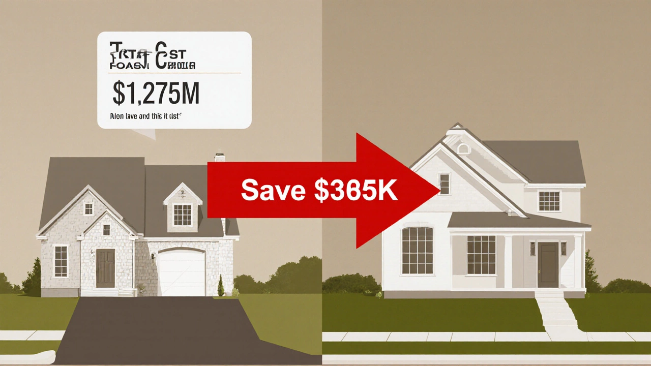 Side-by-side comparison of a costly new build and a more affordable move-in-ready home with price tags.