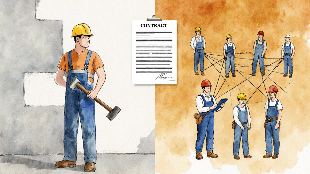 Split illustration: solitary builder hammering vs. contractor managing a network of trades with contract above.